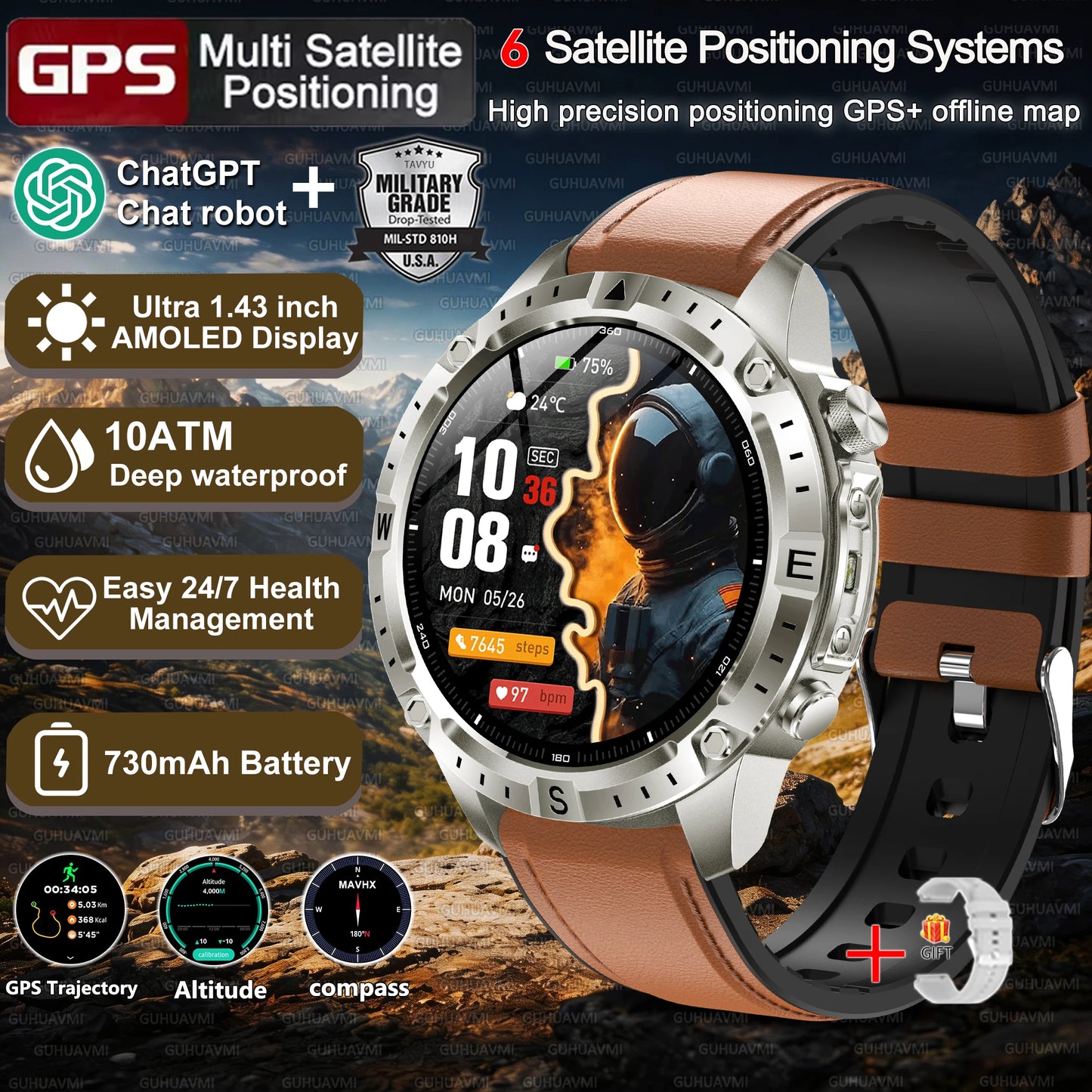 2026New Military Tank GPS SmartWatch Offline Map 10ATM Swim 2GB RAM Music Altitude Compass Bt Call Fitness Sports Smartwatch Men
