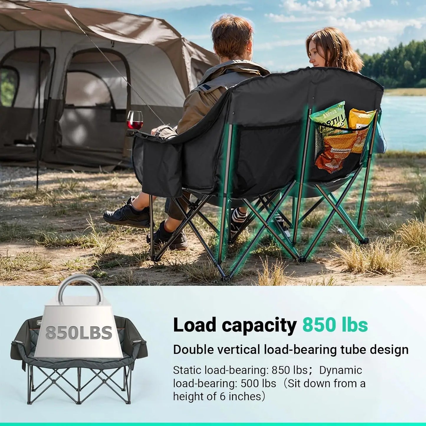 Oversized Double Camping Chair with Cooler Bags, Padded 2 Person Loveseat 850LBS Capacity, Portable Folding for Outdoor Beach Lawn