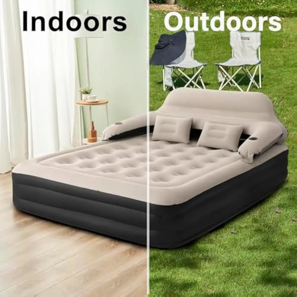 Queen Size Air Mattress with Adjustable Headboard and Pump, Inflatable Bed Blow Up Mattress, Mattress