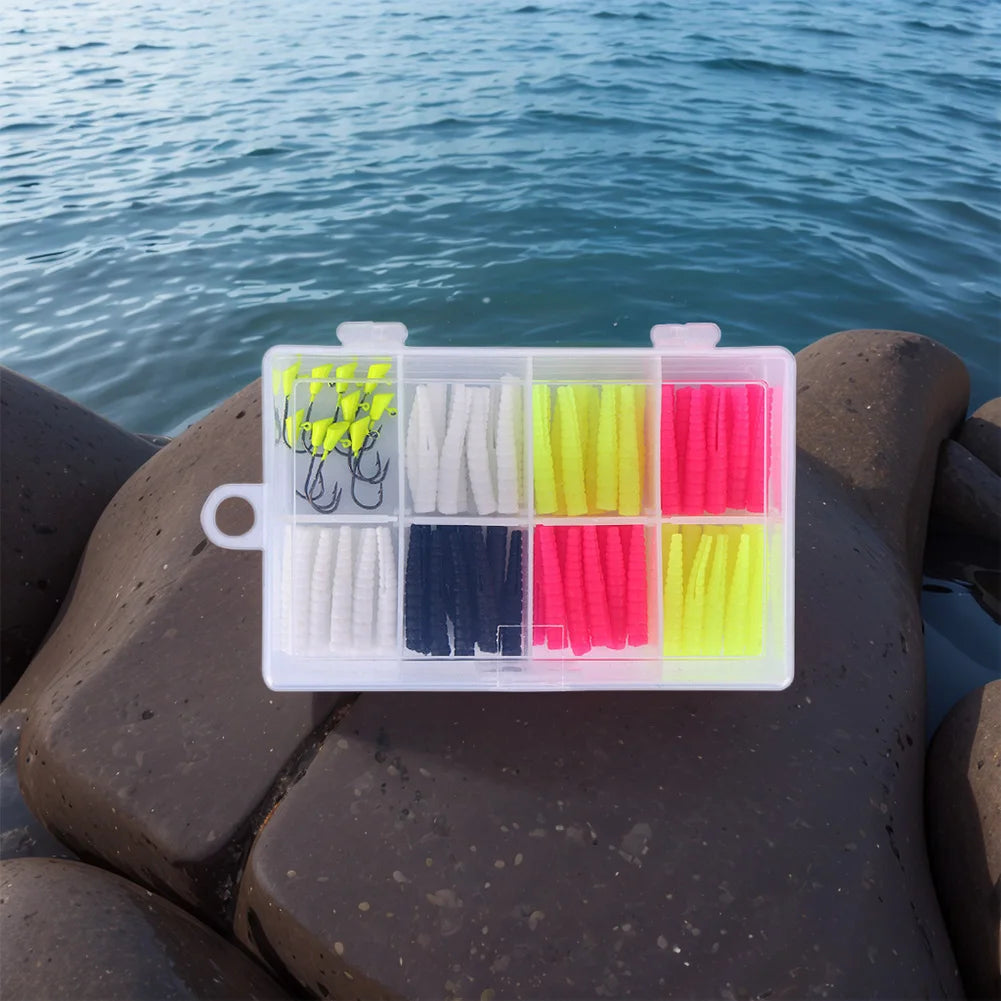 Silicone Artificial Bait Kit with Split Tail Grub Worms Jig Head Hooks for Seasonal Trout Crappie Panfish Fishing Accessories