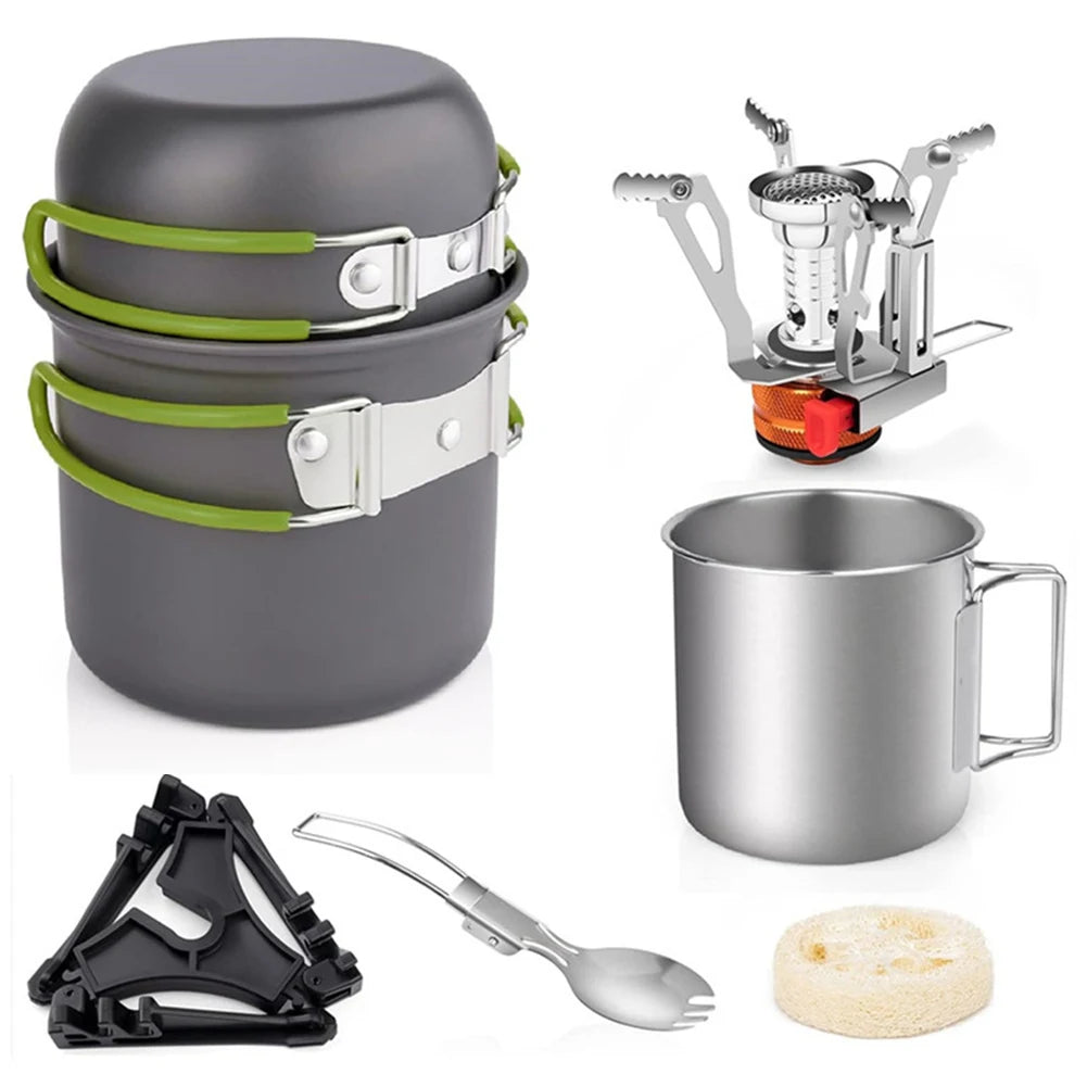 Camping Cookware Mess Kit with Mini Stove Outdoor Tableware Equipment with Cup Fork Portable Cookware Equipment for Campfire