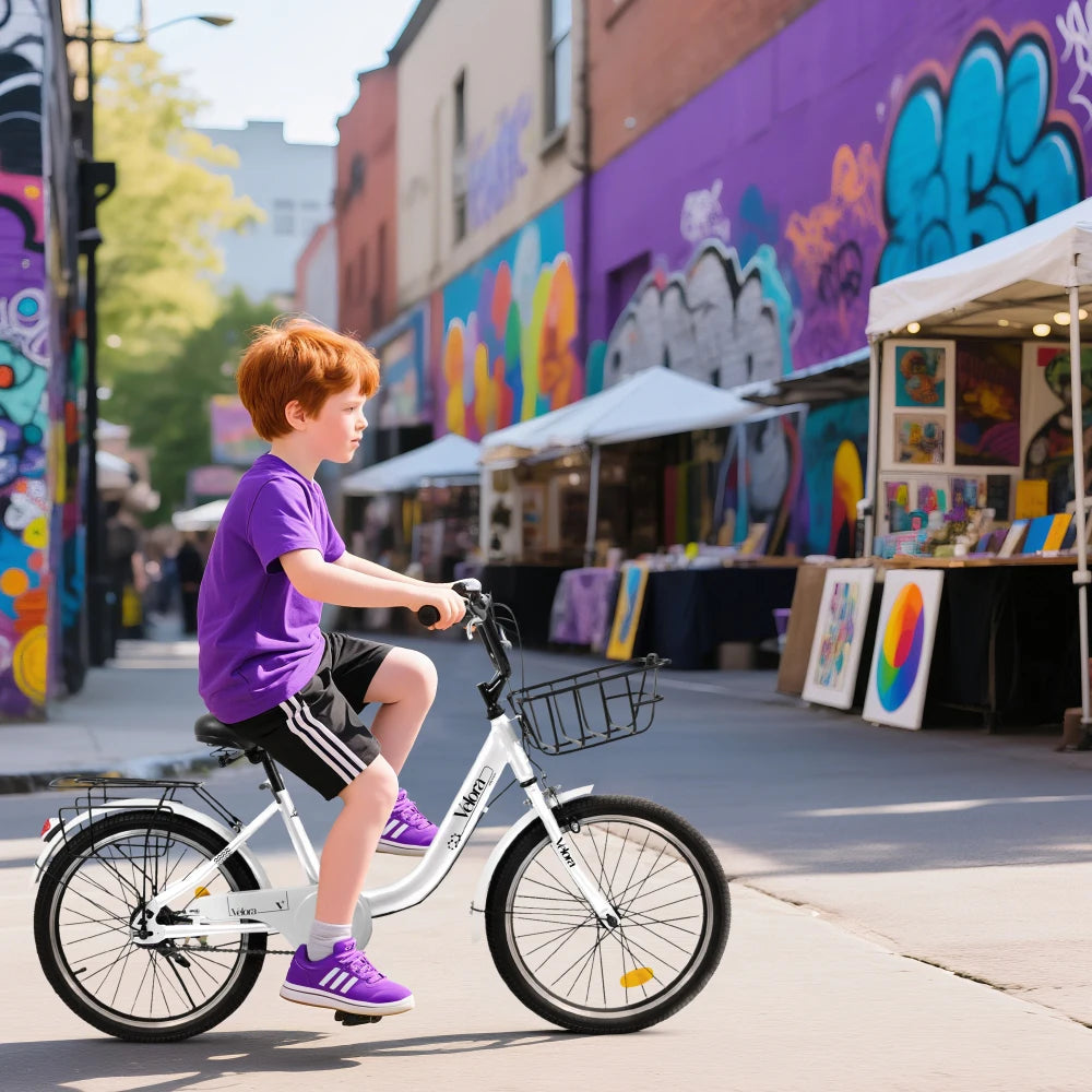 20 Inch Children’s Bike for Boys and Girls, Single Speed V-Brake Bicycle with Chain Guard & Rear Cargo Rack, Lightweight Steel Frame in 4 Colors Pink Green Purple White