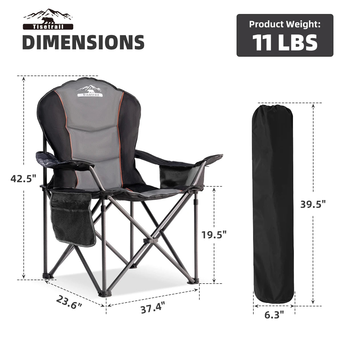 Oversized Camping Chair Folding Chair with Cooler Padded Outdoor Chairs Heavy Duty Support 500 LBS Black&Gray