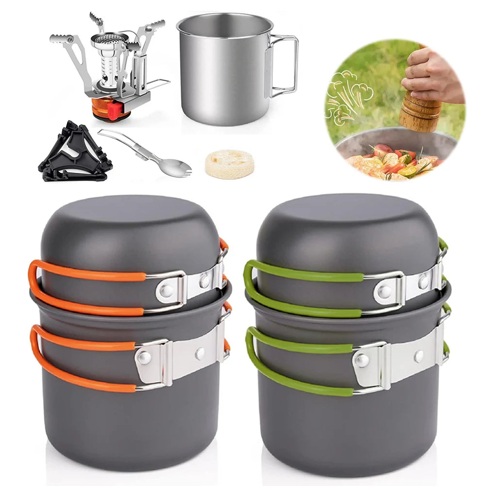 Camping Cookware Mess Kit with Mini Stove Outdoor Tableware Equipment with Cup Fork Portable Cookware Equipment for Campfire