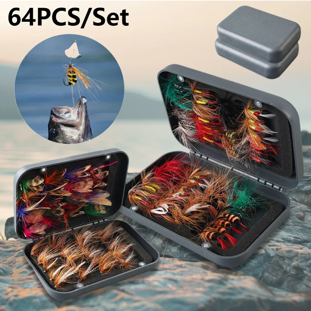 64Pcs/Set Insects Flies Fly Fishing Lures Dragonfly Topwater Bait Dry Flies Trout Artificial Caddisfly Dries Bait for Trout Carp