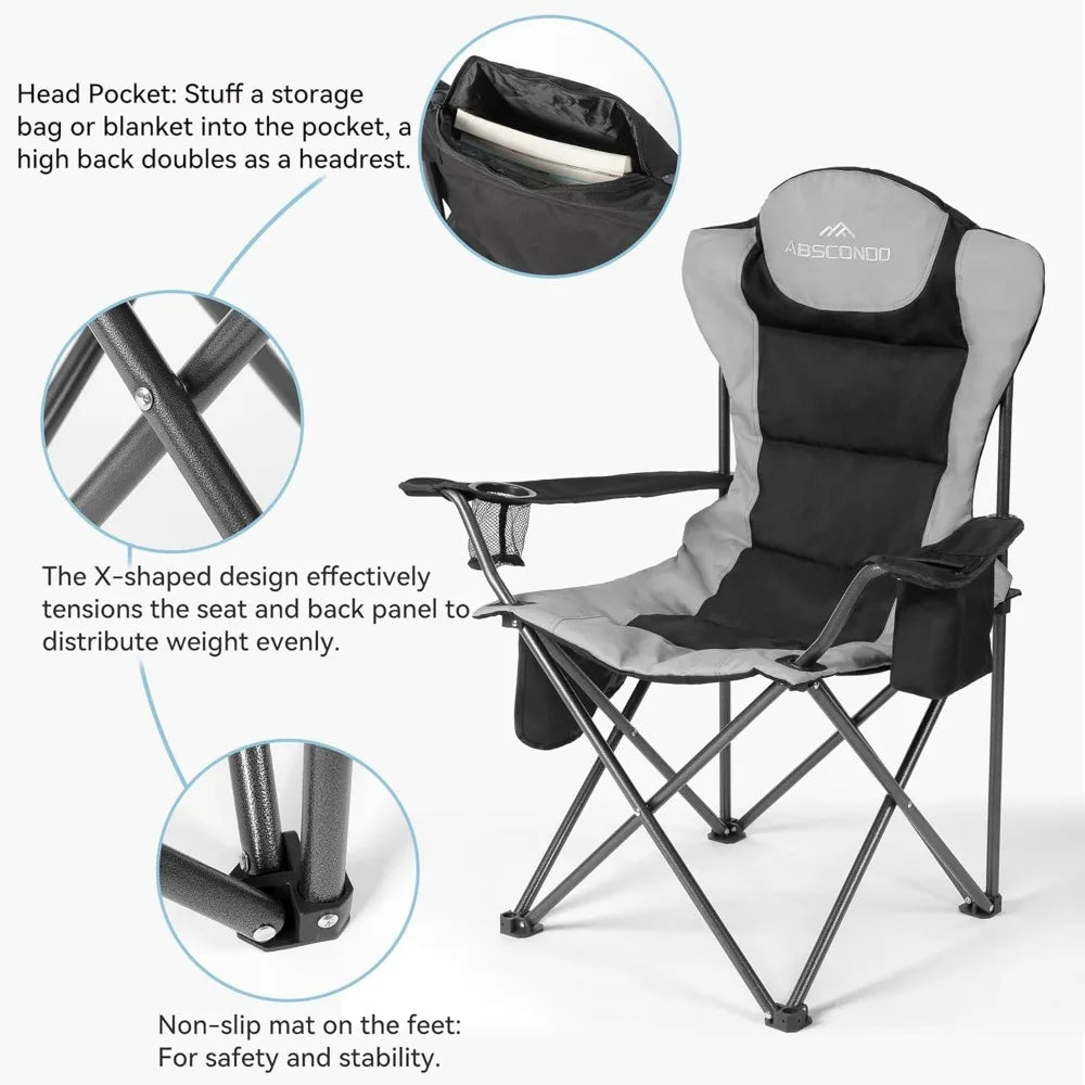 Camping Chairs for Adults, Oversized Folding Camp Chair for Outdoor with Cup Holder & Cooler Bag, XL Heavy Duty Lawn Chairs Sup