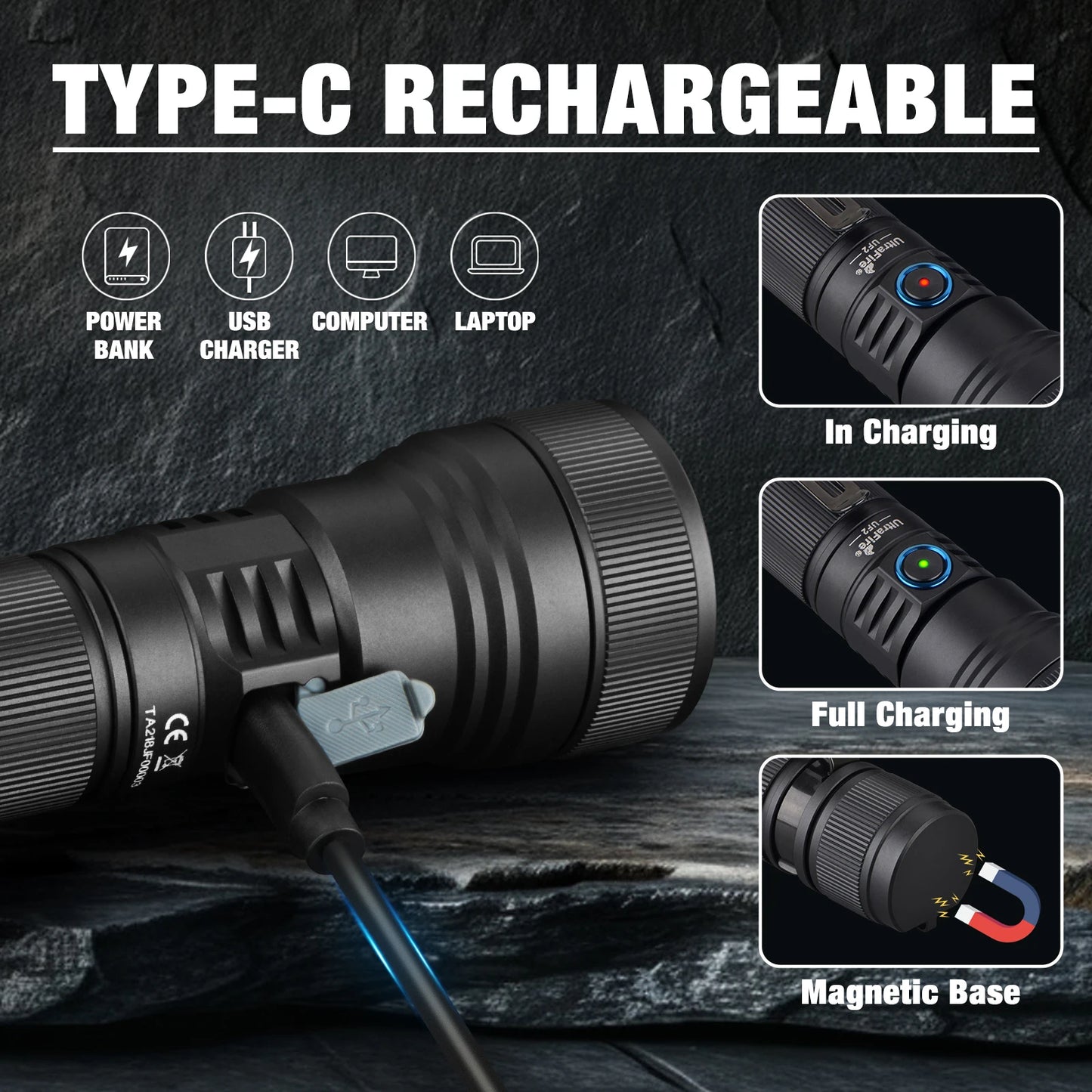 UF2 21700 LED Flashlight 1500 Lumens 550M Zoomable Outdoor Lamp USB C Rechargeable Torch with Magnetic Tail for Hiking
