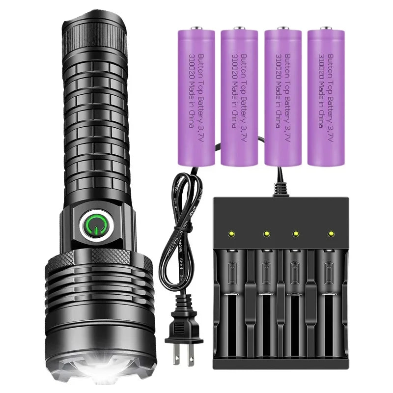 Skyewolfeye Wall Plug Rechargeable LED Tactical Flashlight Set High Lumen XHP60 Zoomable Torch for Fishing Caving