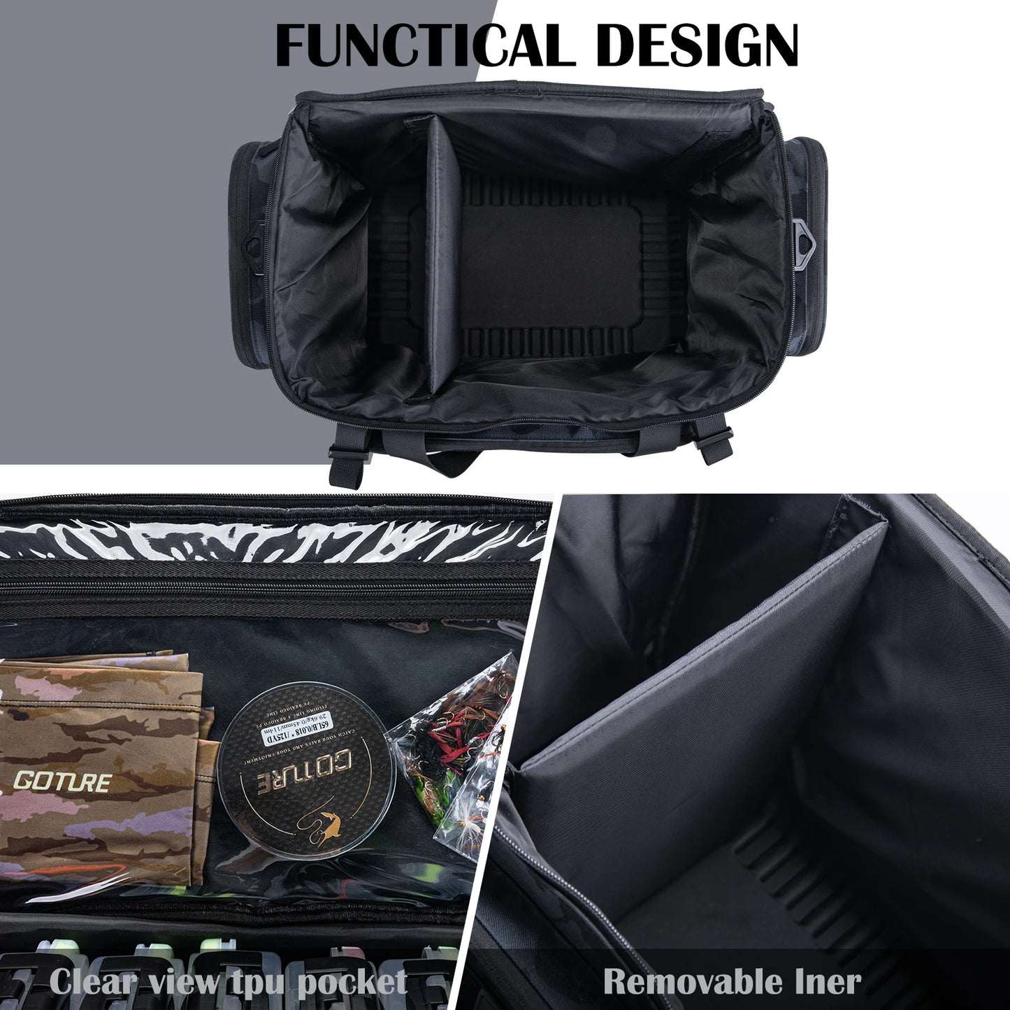 42L Fishing Tackle Bag 600D Oxford Backpack with Rod Holder EVA Waterproof Bottom for Camping Hiking Outdoor