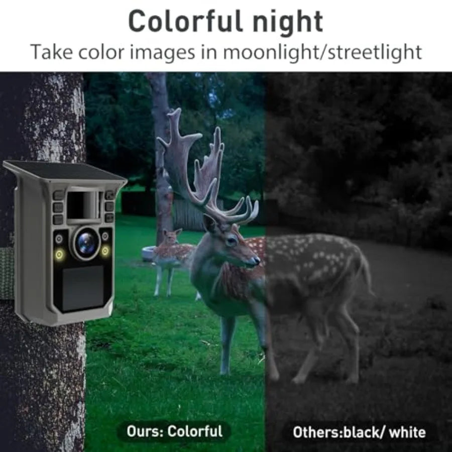 Trail Camera for outdoor hunting: 6K 64MP full-color solar WiFi camera with night vision, IP67 waterproof housing, built-in 750