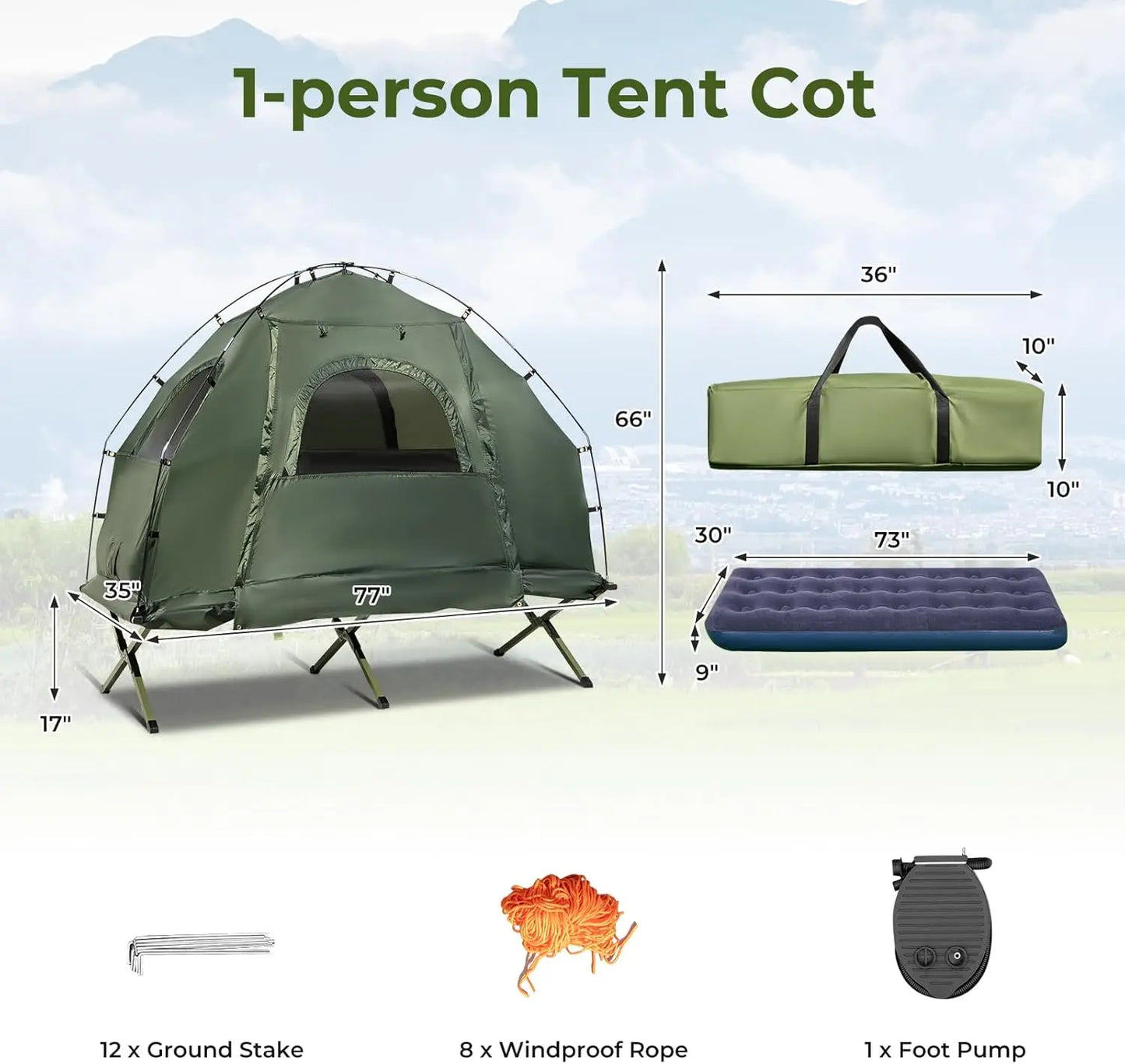 Tent Cot, 5-in-1 Folding Camping Cot with Mattress & Pillows, Sleeping Bags, Sunshade, Camping Tent Elevated with Carrying Bag f