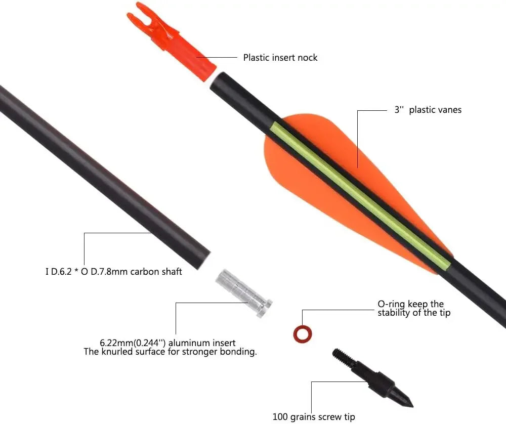 Carbon Arrow Hunting Arrows with 100 Grain Tip and Removable Tips for Archery Compound & Recurve & Traditional Bow Practice