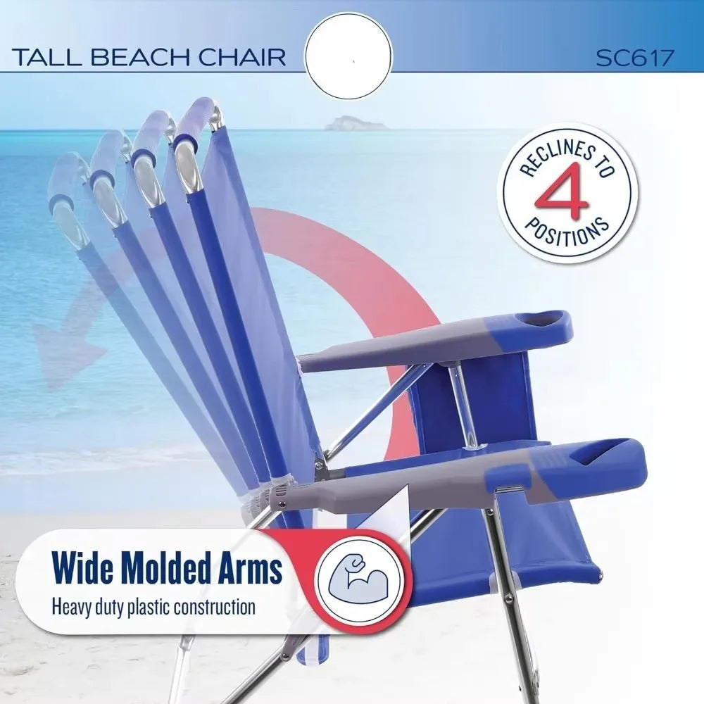 17" Extended Height 4-Position Folding Beach, Camping, Lawn Chair, Stripe, With handrail Equipped with cup holder Beach Chairs