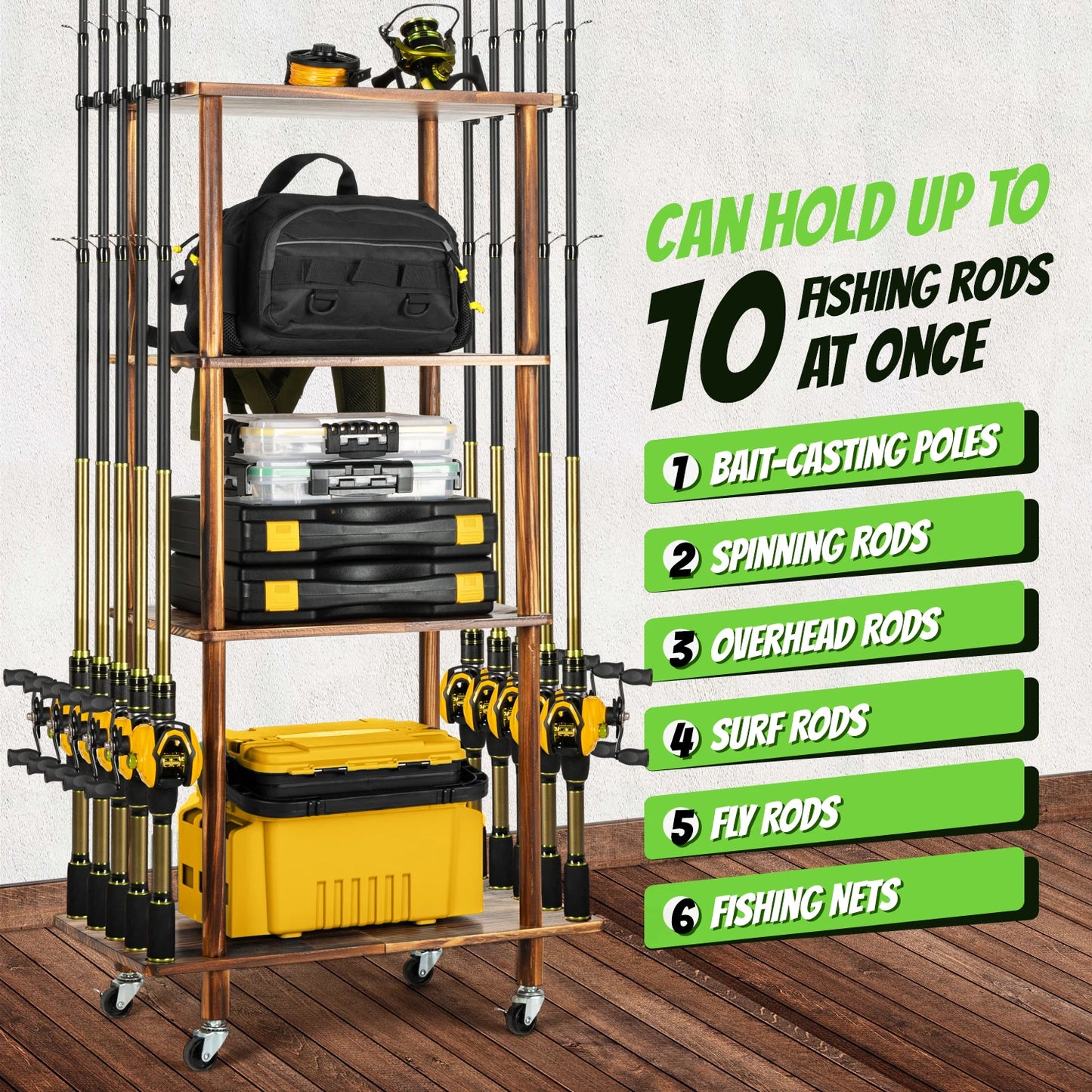 Fishing 10 Rods Rack 3 Tier Fishing Storage Rack, Space-Saving Fishing Rod Holders for Garage, Fishing Gear Tackle Box Fishing E