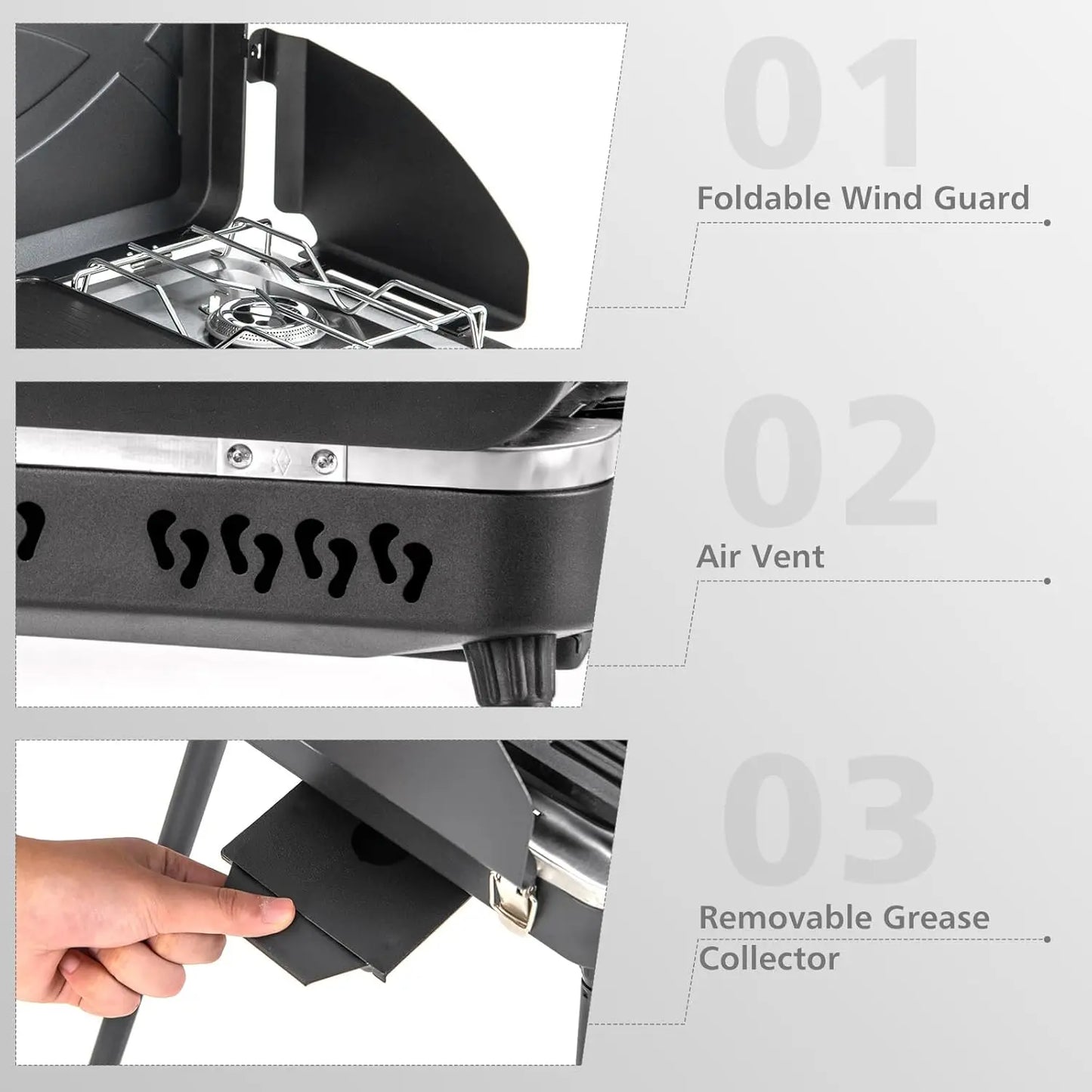 20,000 BTU Portable Propane Grill & Camping Stove, 2-in-1 BBQ Cooker with Wind Guard, Detachable Legs, for Outdoor Cooking