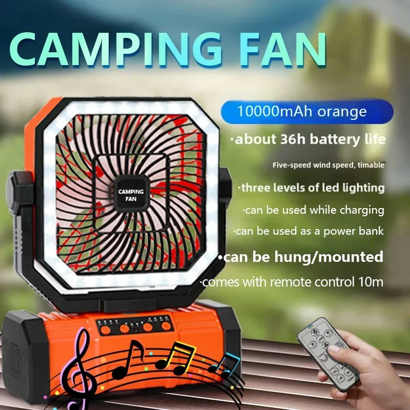 2025New Outdoor Camping Fan with Bluetooth Speaker Outdoor Ventilador Cool Air Portable Fan with Hook for Fishing and Picnicking