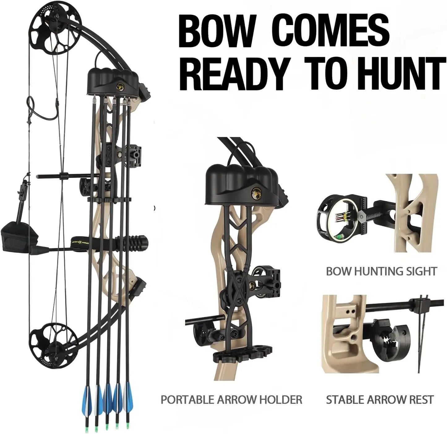 Compound Bow Pro Set Easy to Adjust No Bow Press Needed Bow and Arrow Set 19-31\\" Draw Length 0-70 Lbs Draw Weight Up to IBO 32