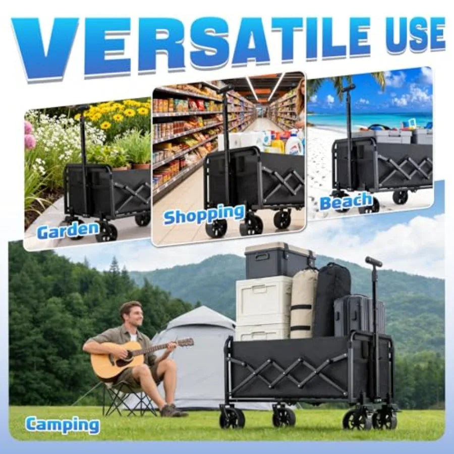 Collapsible Wagon Cart Foldable with Wheels - Heavy Duty Portable Folding Utility Shopping Cart with 360° Swivel Brakes Wheels