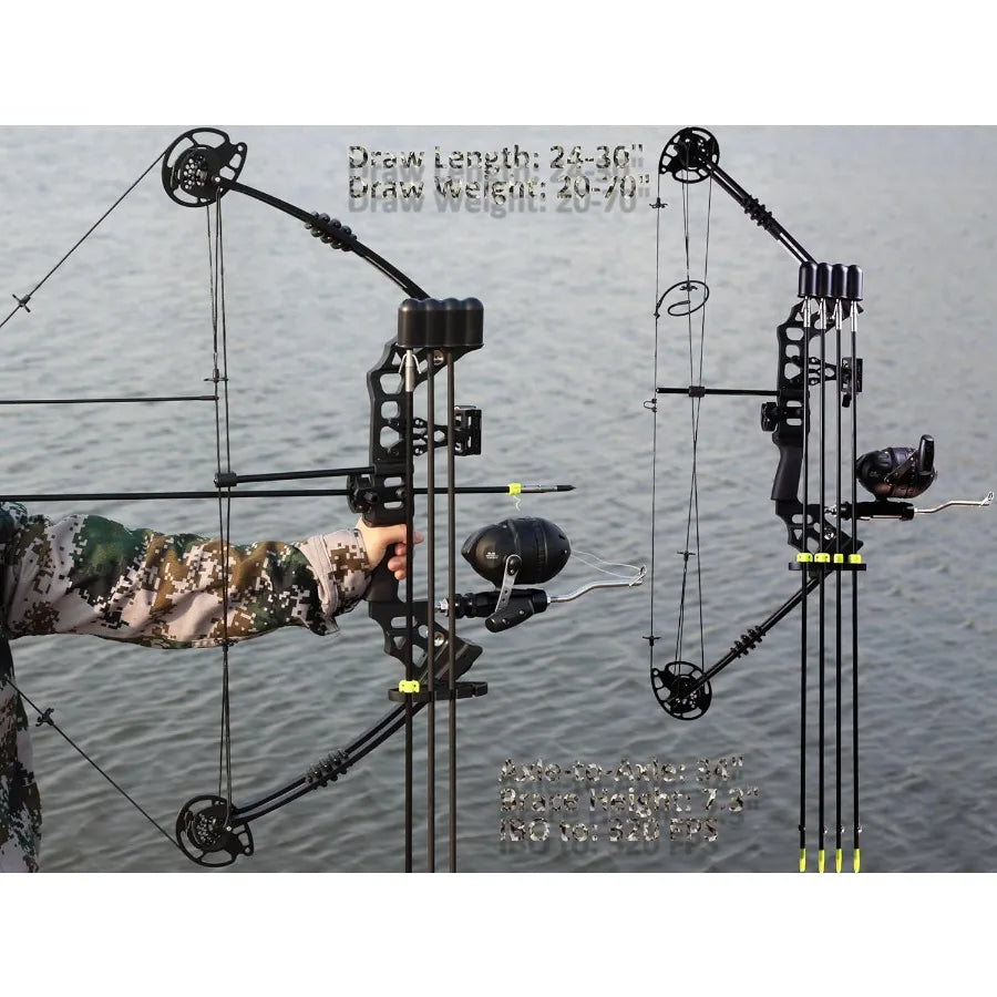 Compound Bow Fishing Combo Kit 2070 LBS Hunting Bow with Bowfishing Arrow and Fishing Reel for Bowfishing Archery Hunting Compl
