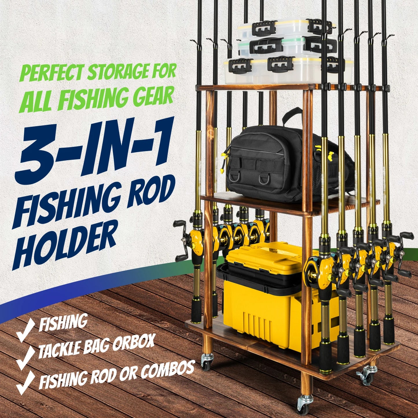 Fishing 10 Rods Rack 3 Tier Fishing Storage Rack, Space-Saving Fishing Rod Holders for Garage, Fishing Gear Tackle Box Fishing E