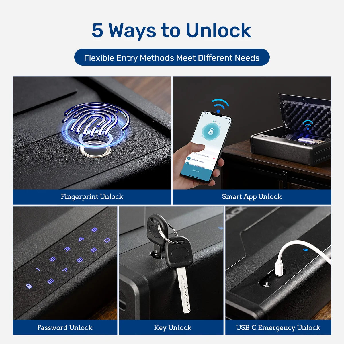 Biometric Pistol Safe Gun Locker Box w/ APP Control and Fingerprint 5-Quick Access Handgun Safe for 2 Pistols