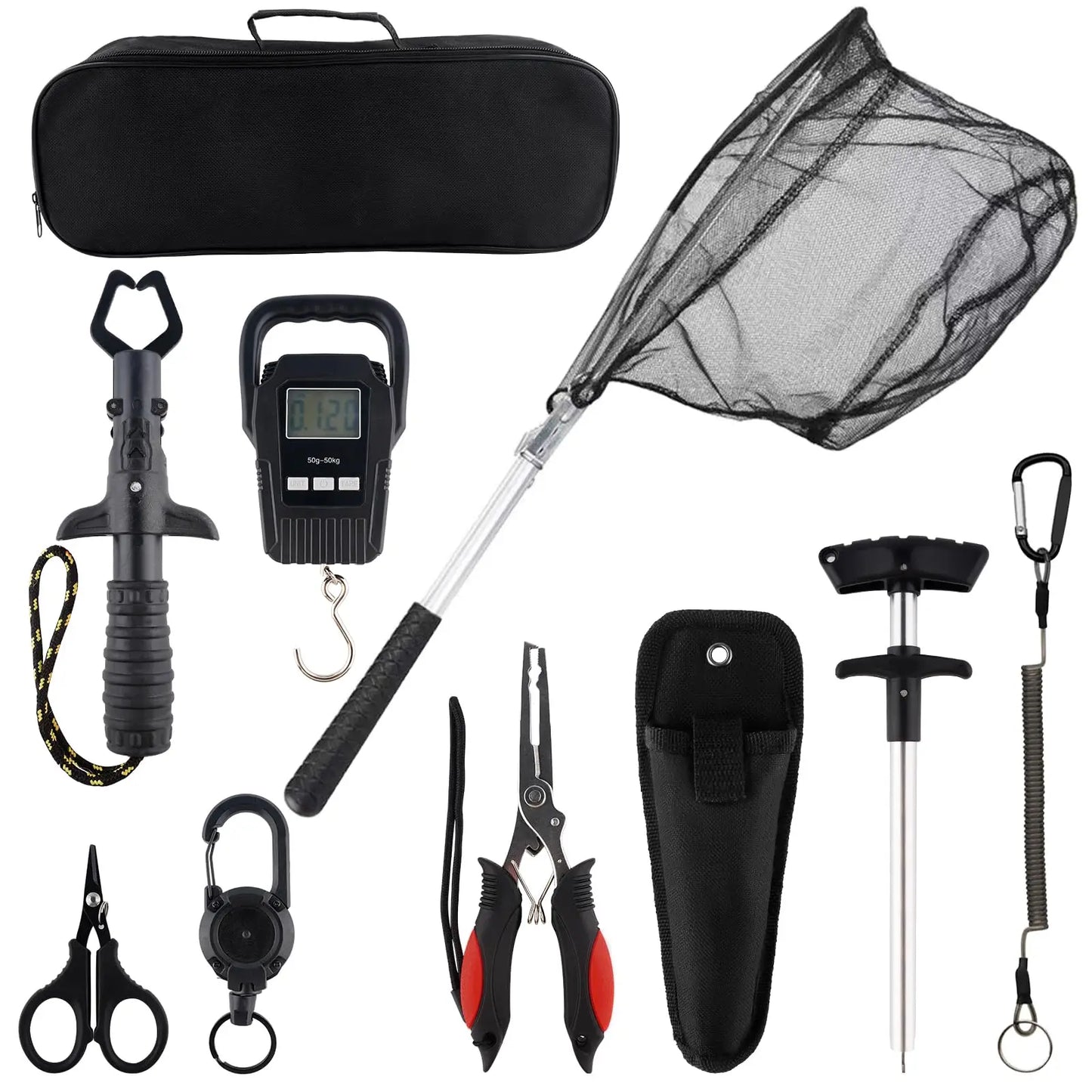 10Pcs Fishing Accessory Tool Set Foldable Landing Net Pliers Gripper Scale Scissors with Carry Bag Outdoor Angling Gift