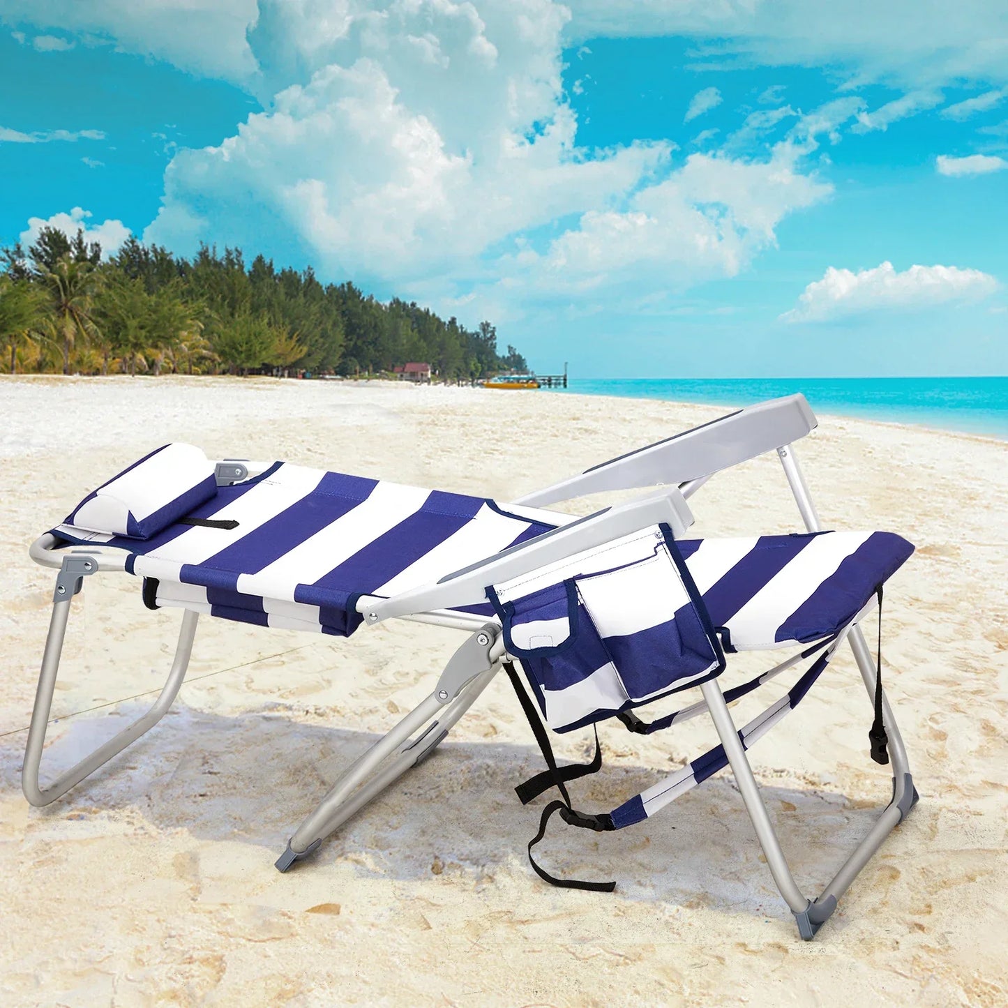 63*70*99cm Heightened Oxford Cloth Silver White Aluminum Tube Bearing 100kg Beach Chair Blue Stripes