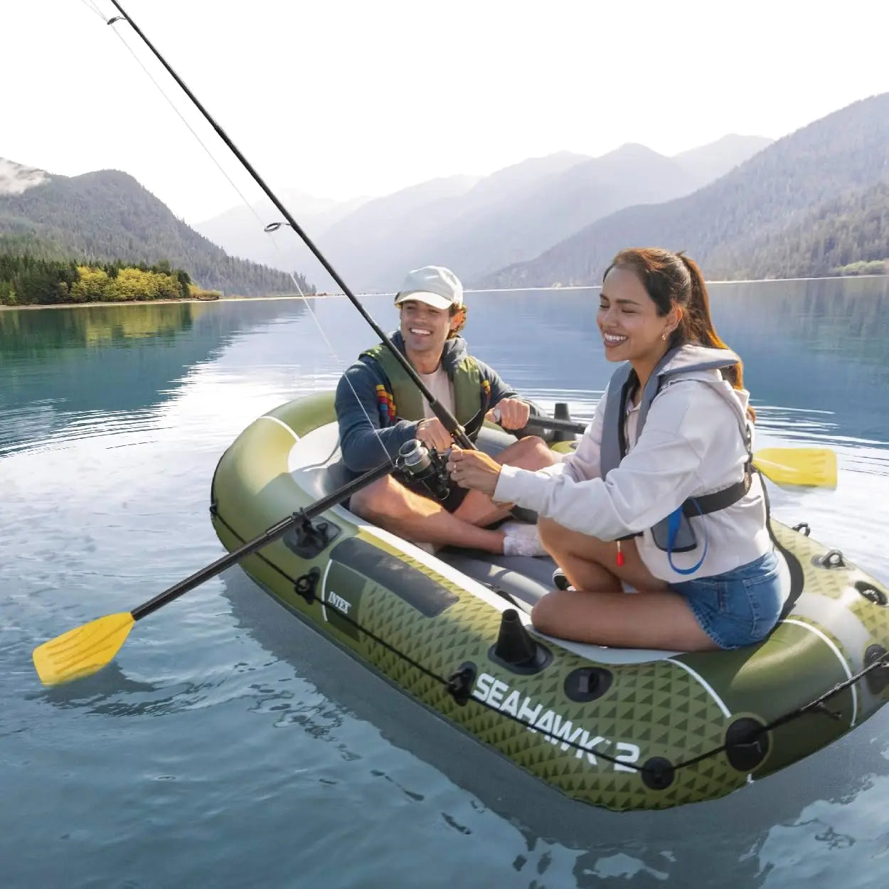 Inflatable Fishing Boat Set with Oars, Pump, Rod Holders & Gear Pouch for 2 Adults