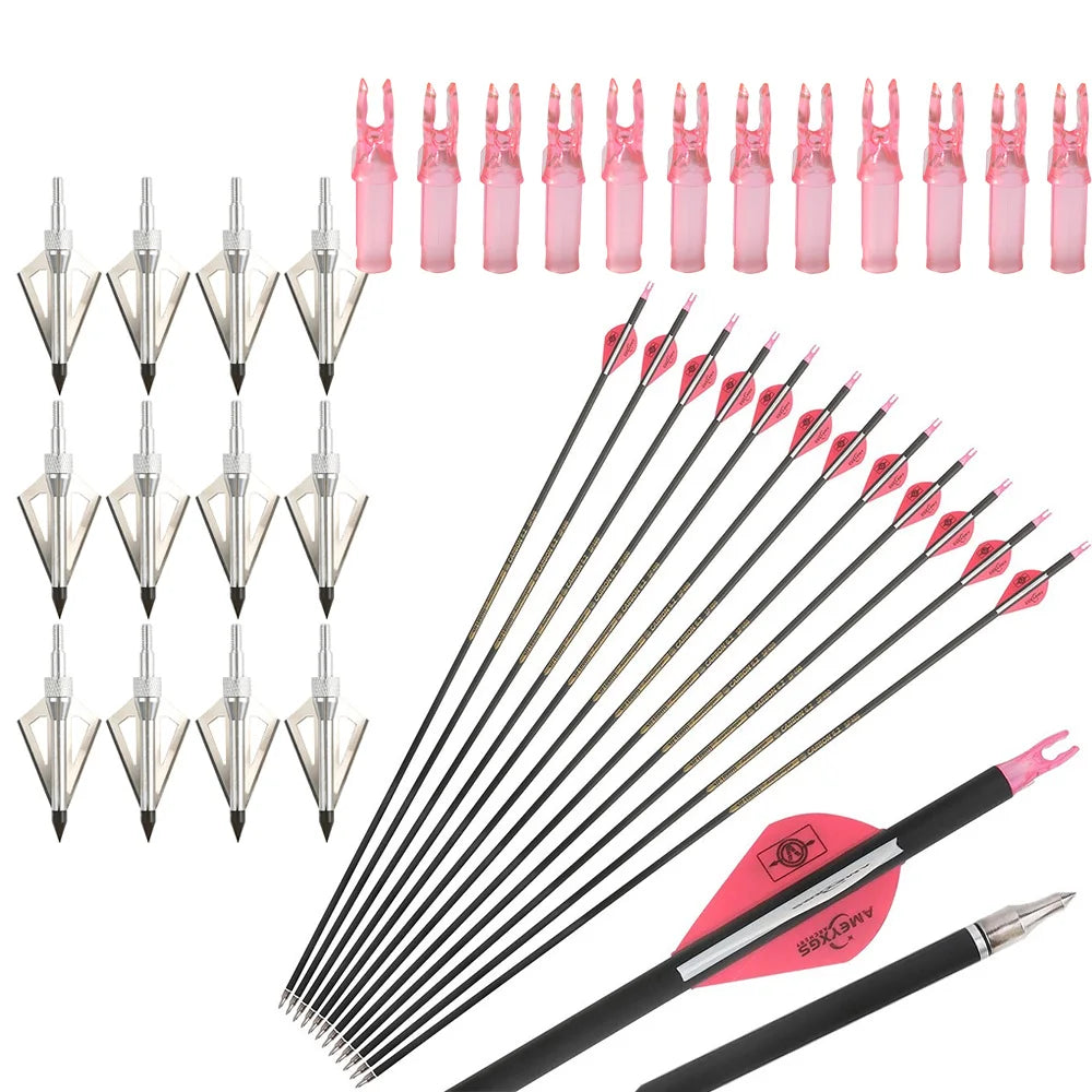 Carbon Arrows 12pcs 30'' SP300-400 ID6.2mm with 12pcs 100 Grain Broadheads and 12pcs Arrow Nocks for Compound Bow Hunting Target