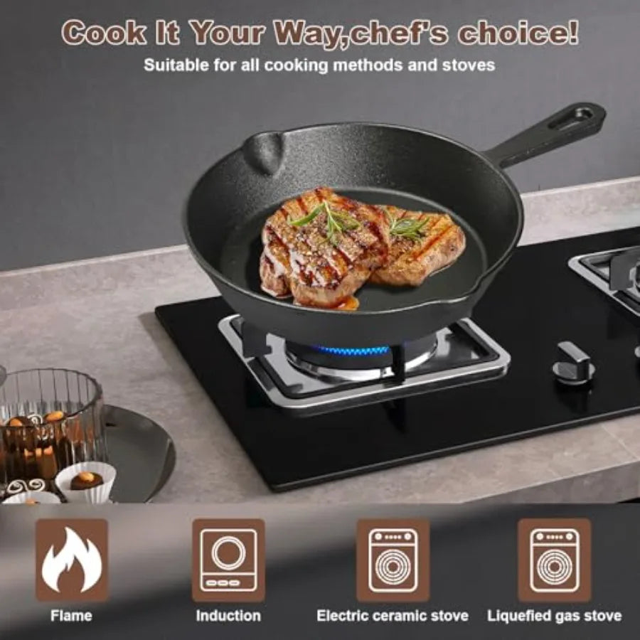 Pre-Seasoned Cast Iron Skillets, 4-Piece Durable Cookware Set in Black with Heat-Resistant Handle Covers for Grill, BBQ, Campin