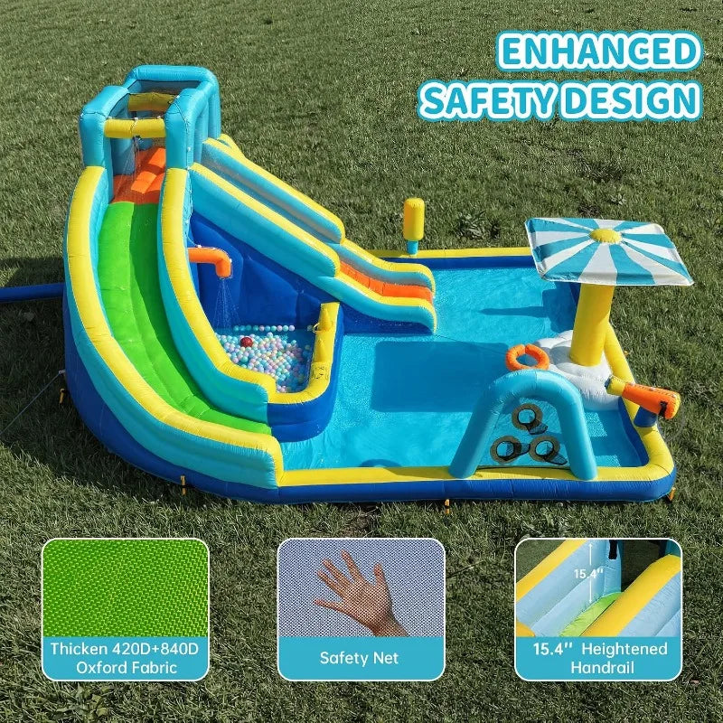 Inflatable Water Park for Kids, 16.4 ft × 14.1 ft Large Backyard Water Slides with Dual Slides, Dual Water Guns & Climbing Wall