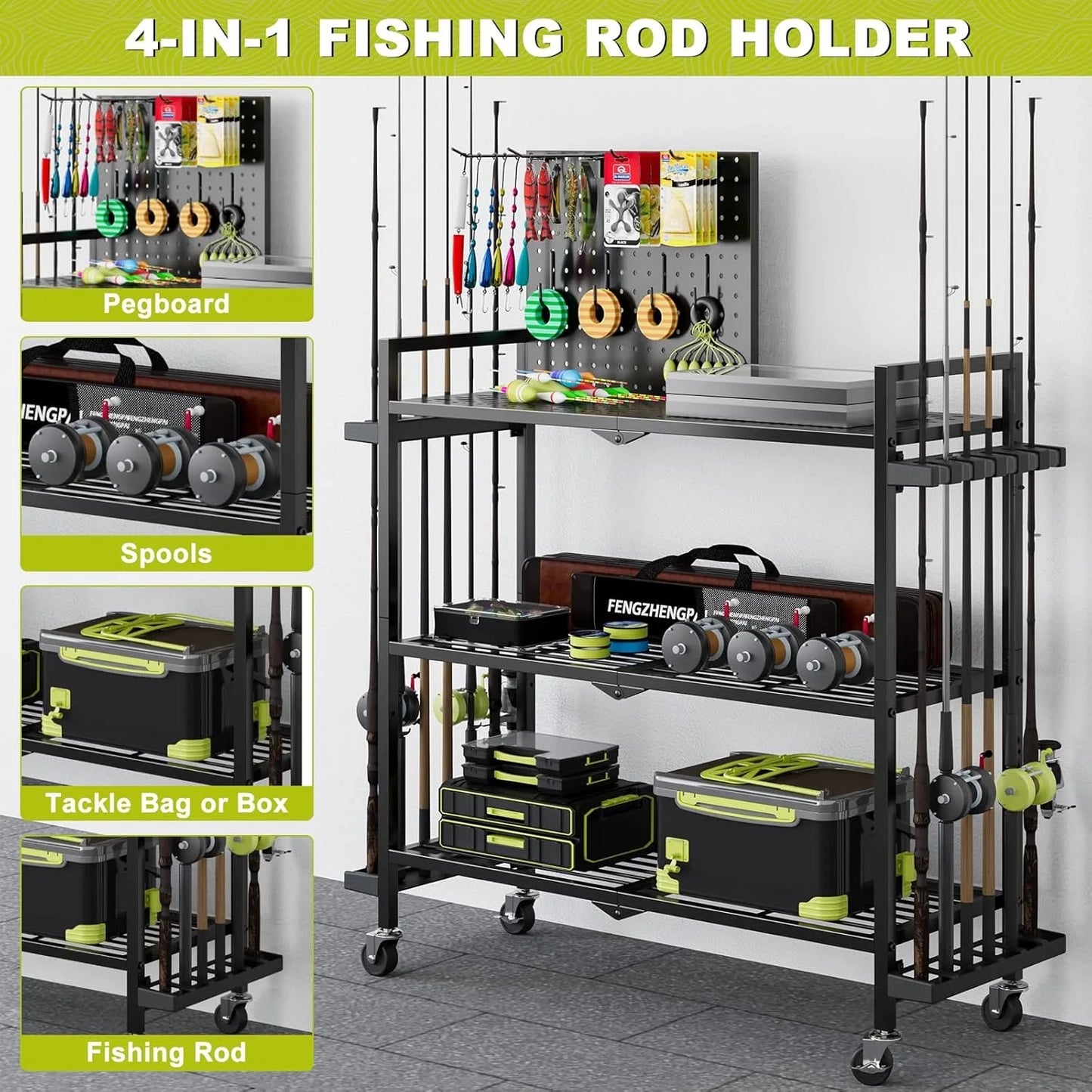 Garage fishing rod rack, fishing rod rack with wheels and pegboard, perfect for storing fishing tackle, backpacks and equipment
