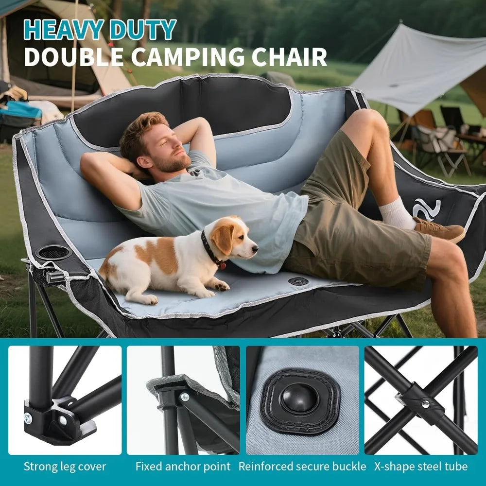 Begonia.K Double Camping Chair for 2 Person - Oversized Padded Folding Loveseat - Portable Camping Couch Heavy Duty Lawn Chairs