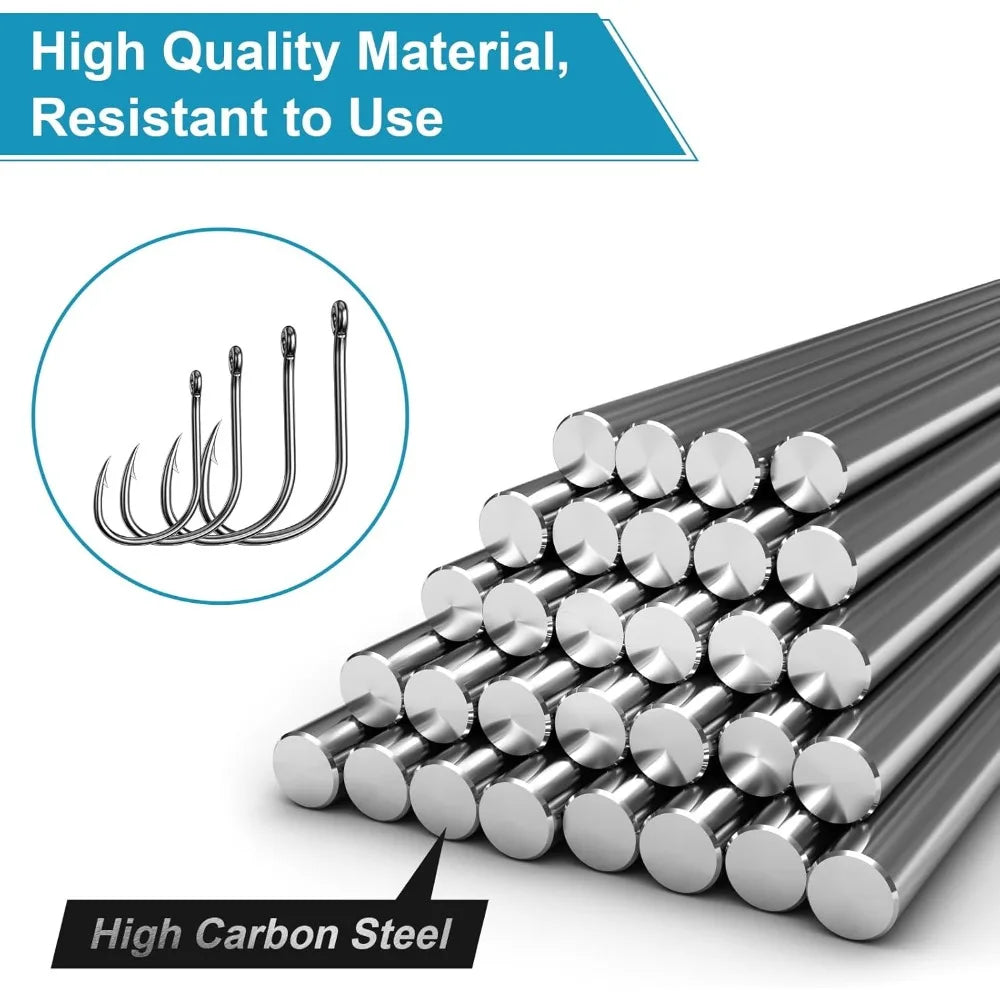 Premium Fishing Hooks Assortment 500PCS and 100PCS Options Available in 10 Different Sizes or 4 Essential Sizes Made of High Carbon Steel for Maximum Strength and Sharpness Barbed Design Ensures Secure Catch Suitable for