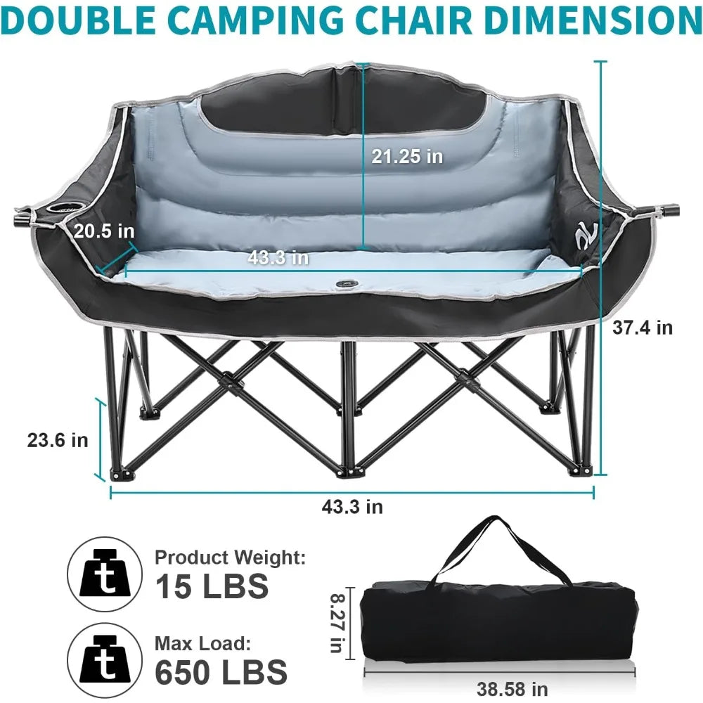Begonia.K Double Camping Chair for 2 Person - Oversized Padded Folding Loveseat - Portable Camping Couch Heavy Duty Lawn Chairs
