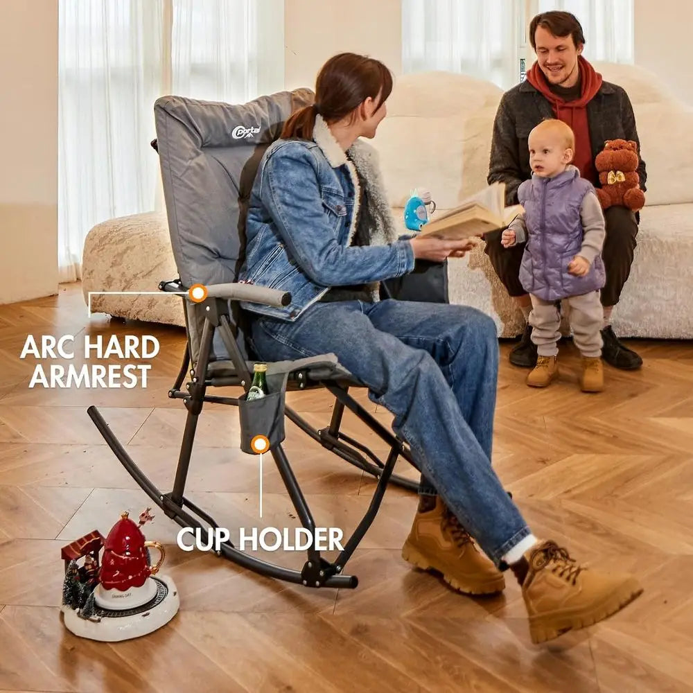 Thick-Padded Portable Rocking Recliner Chair for Outdoor Camping, Patio, and Backyard - Supports 400 lbs