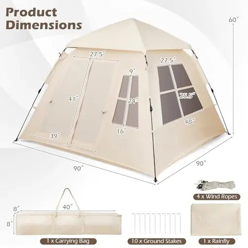 4 Person Automatic Cabin Tent With Rainfly Mesh Windows 2 Doors Carrying Bag Lightweight Outdoor Camping Hiking Travel
