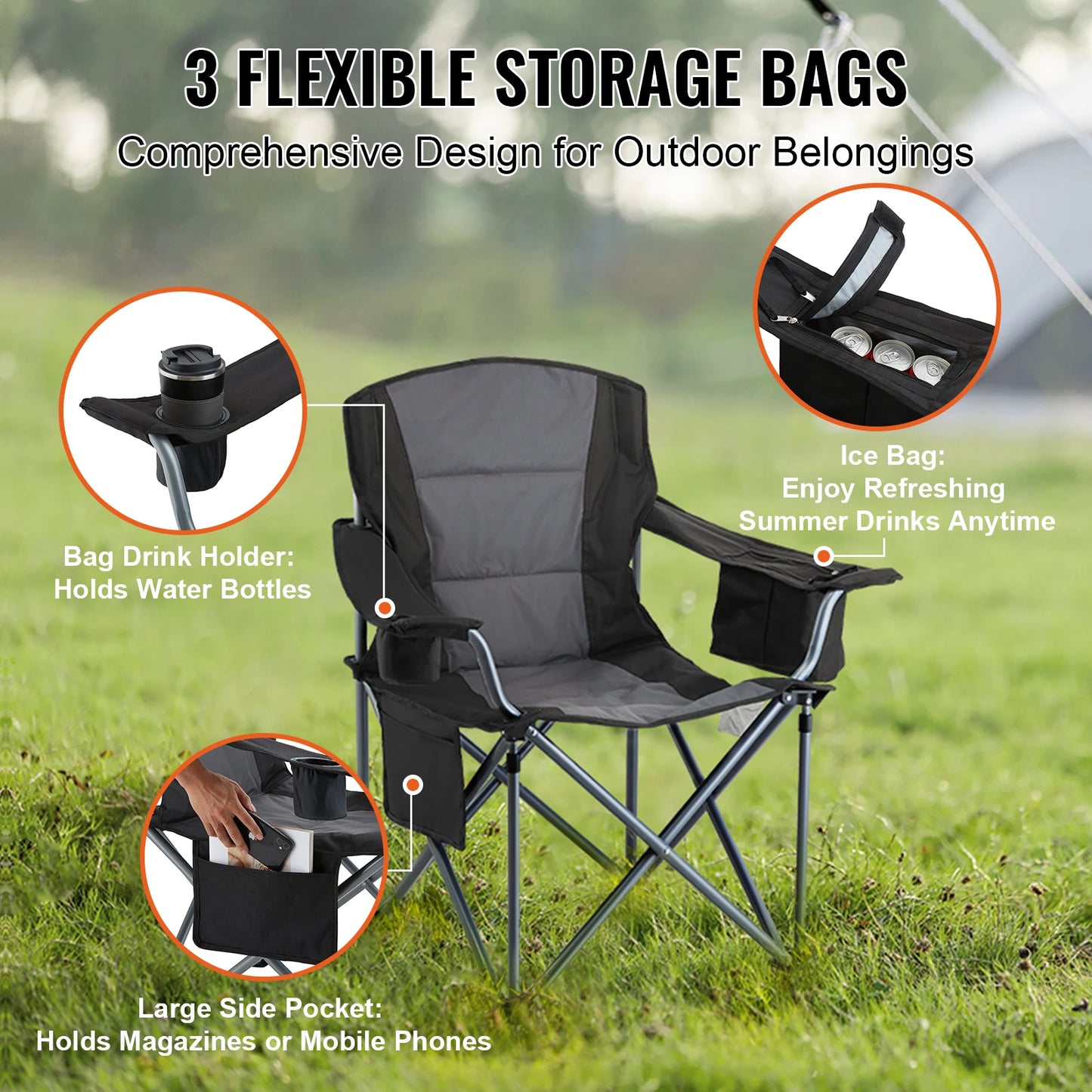 Camping Folding Chair for Adults Portable Quad Lumbar Back Padded Arm Chairs with Side Pockets for Beach, Lawn, Picnic