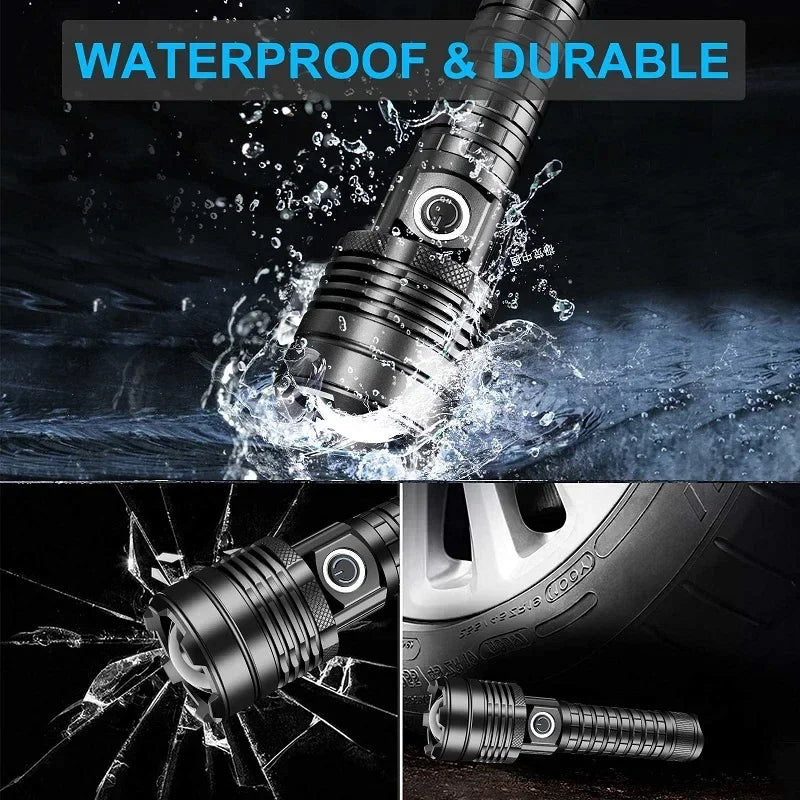 Skyewolfeye Wall Plug Rechargeable LED Tactical Flashlight Set High Lumen XHP60 Zoomable Torch for Fishing Caving