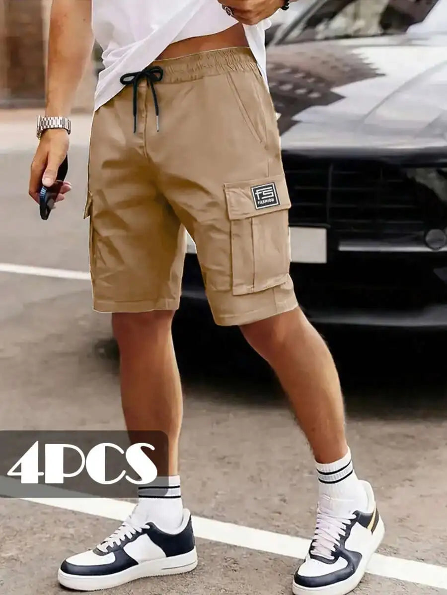 4pcs Mens Lightweight Cargo Shorts, Elastic Waist With Drawstring, Multiple Pockets, Loose Fit For Summer Outdoor Activities