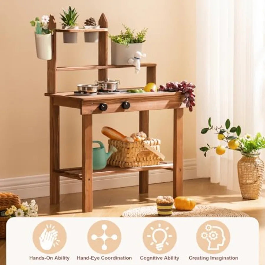 Mud Kitchen for Outdoor Wooden Outdoor Play Kitchen with Sink Faucet Stove and Cooking Accessories Fun Backyard Kitchen Playset