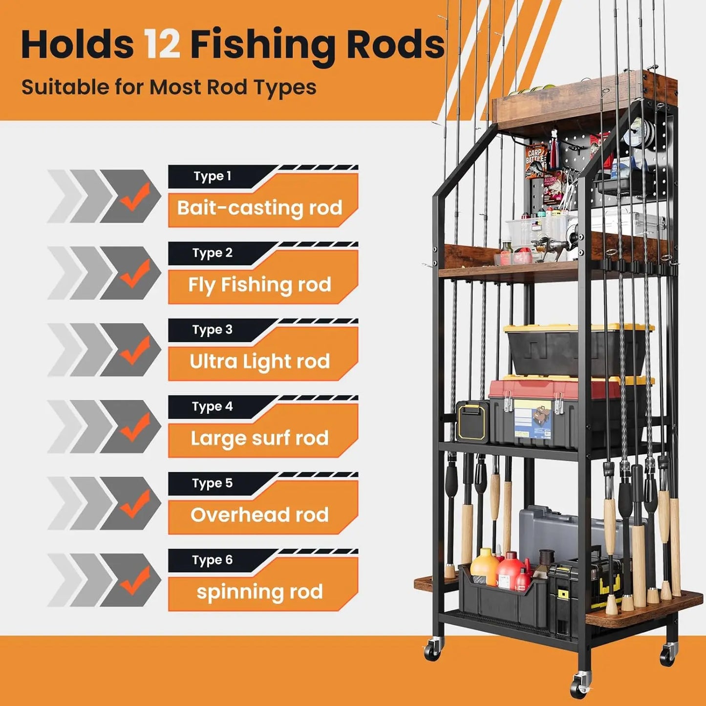 Garage fishing rod rack, three-tier fishing rod rack, rolling fishing rod storage rack with wooden tool box, fishing tackle rack