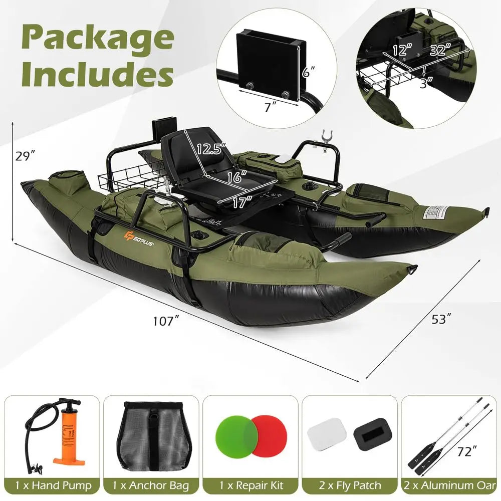 Inflatable Fishing Float Tube, Pontoon Boat w Foldable Padded Seat, Adjustable Footrest, Pump, Paddles, Fish Ruler, Storage Bas