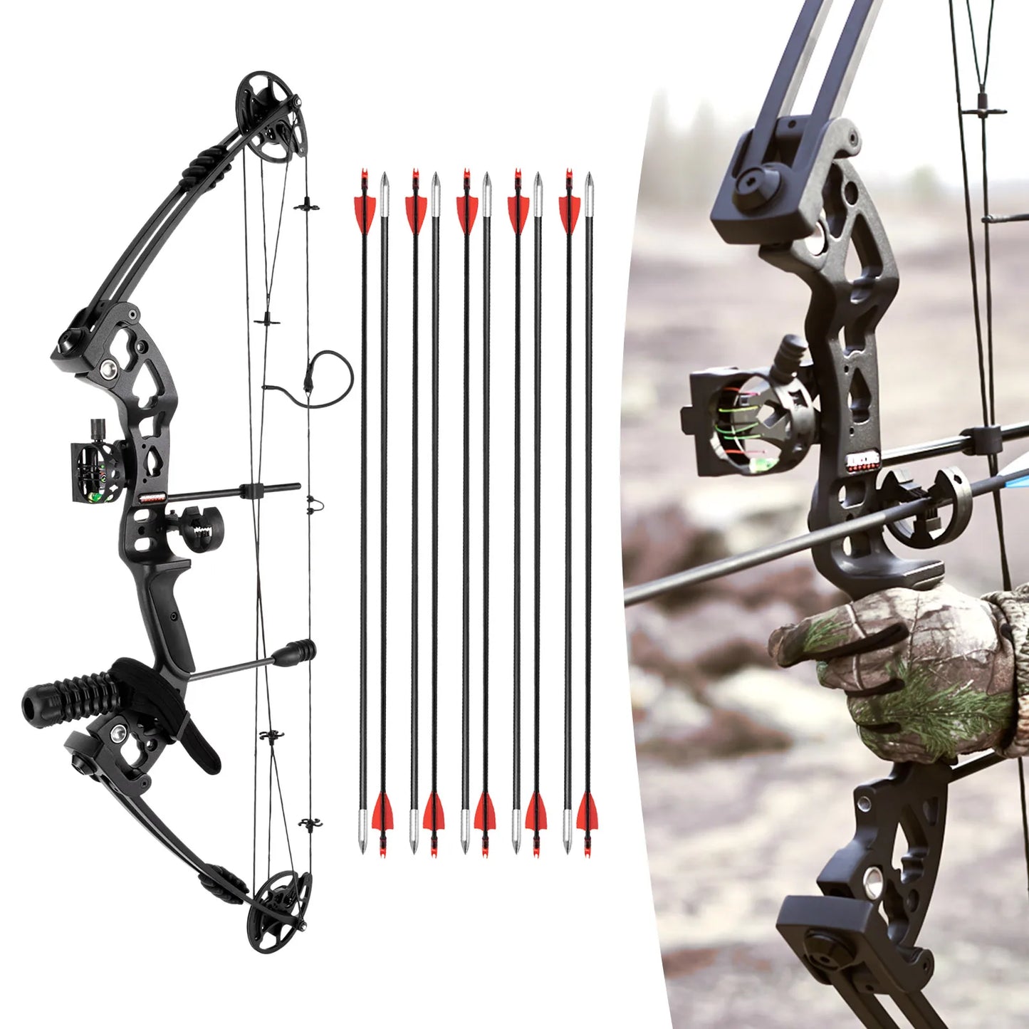 Archery Compound Bow Arrow Set with 12Arrows Black Battleship Compound Bow Right Hand Draw Weight and Cams Fully Adjustable