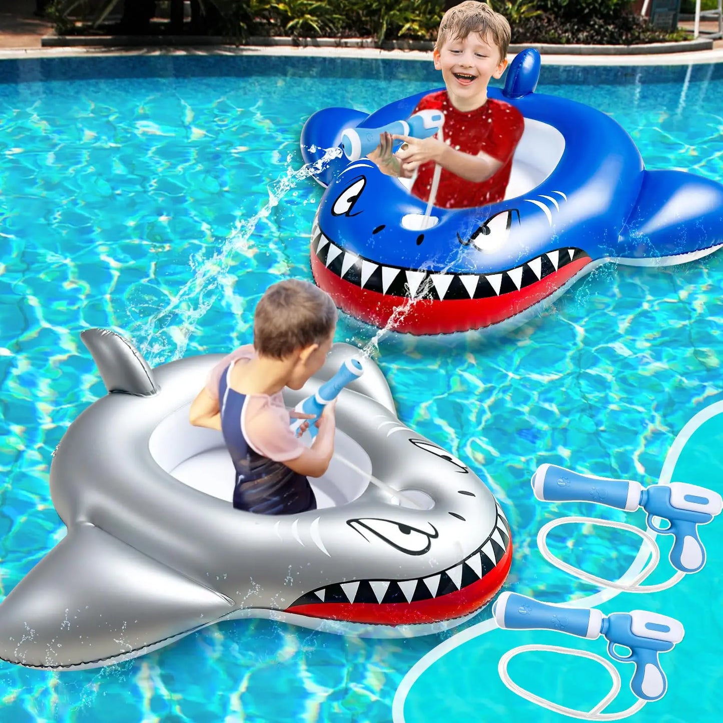 Altrek Store 2 Pack Inflatable Shark Pool Floats Kids 3-11 Years, Kids Floaties Swimming Pool Toys with 2 Water Squirt Guns Boys Girls Party Float Ride-on Toddler Floatie with Safety Seat Summer Outdoor Water Game