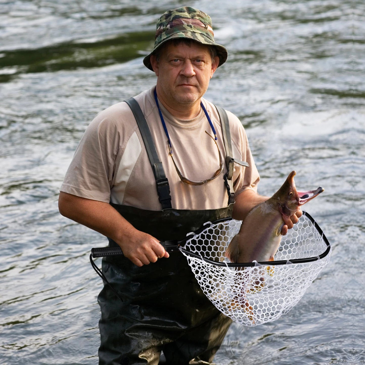 Foldable Fish Net for Trout Fly Fishing Landing Net Trout Fishing Nets with Handle Soft Rubber Mesh Net for Stream Shore Fishing