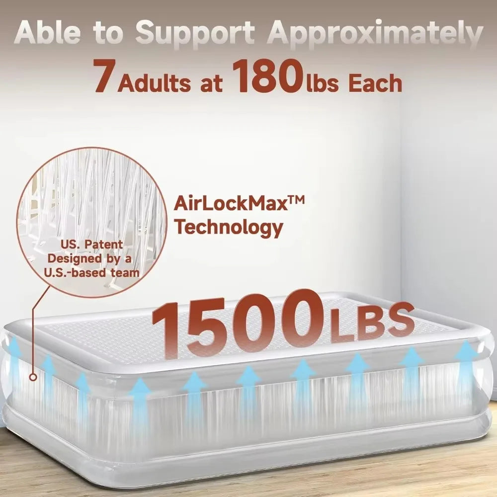 Camping air mattress, rechargeable built-in pump, wireless, 1500 lb strong support, portable, 3 minutes to inflate