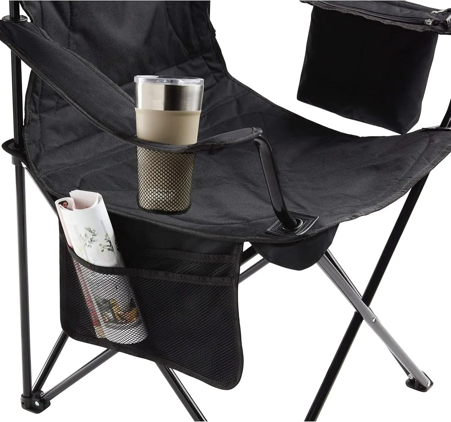 Portable Camping Chair with 4-Can Cooler, Fully Cushioned Seat and Back with Side Pocket and Cup Holder