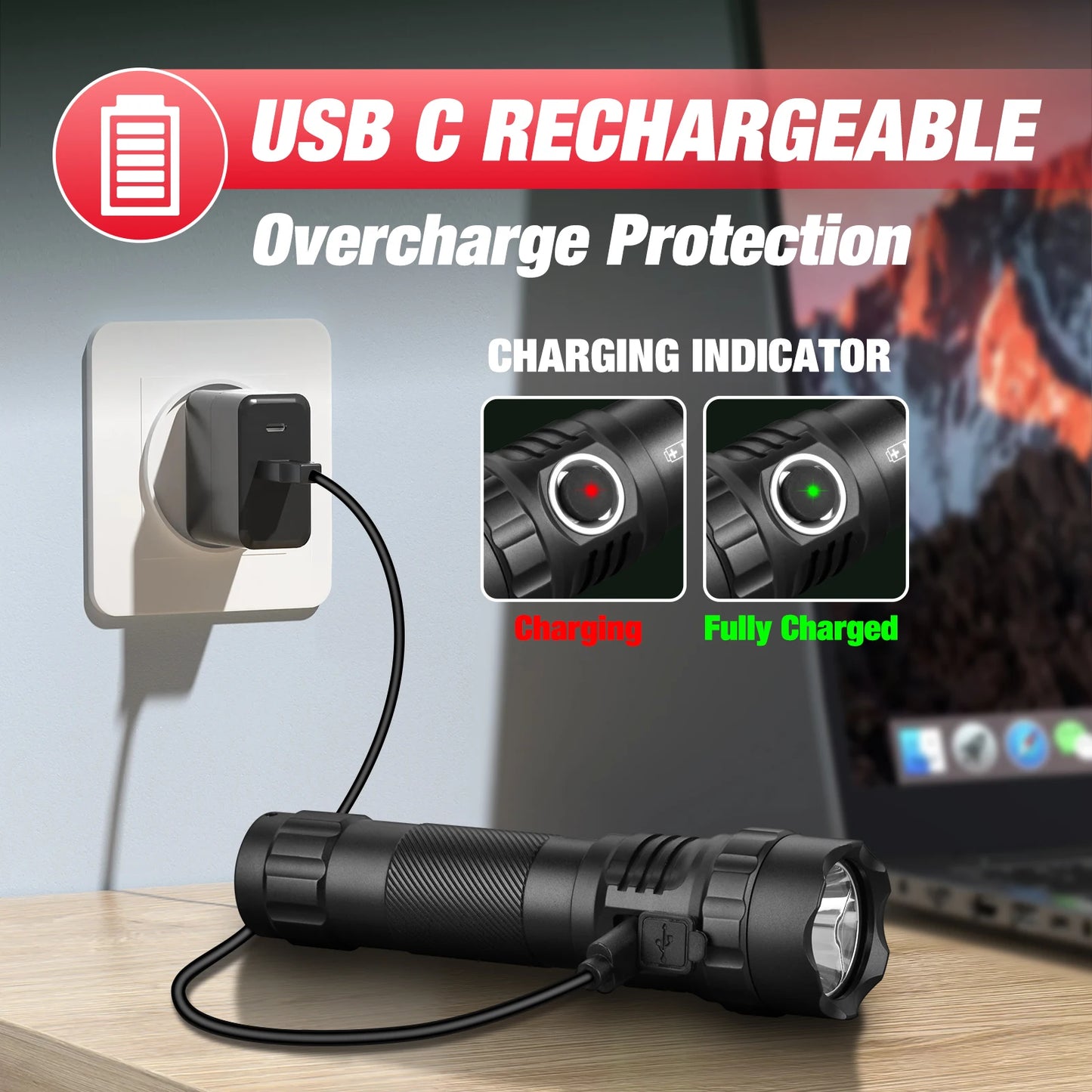 UltraFire UF3 Tactical Flashlight 1200 Lumen USB Rechargeable Powerful Police Flashlight with Holster for Home Emergency Camping
