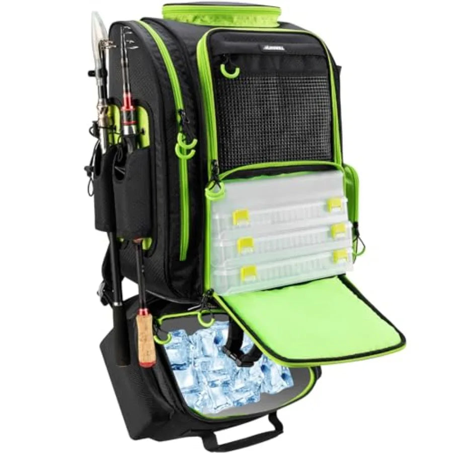 Large Fishing Backpack with Cooler for 3 Tackle Boxes - Fishing Bag with Rod Holders for Camping and Hiking